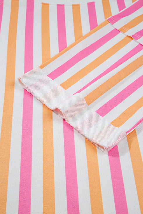 Vertical-Stripe Drop-Shoulder Half-Sleeve Crewneck Contrast-Band Short Set